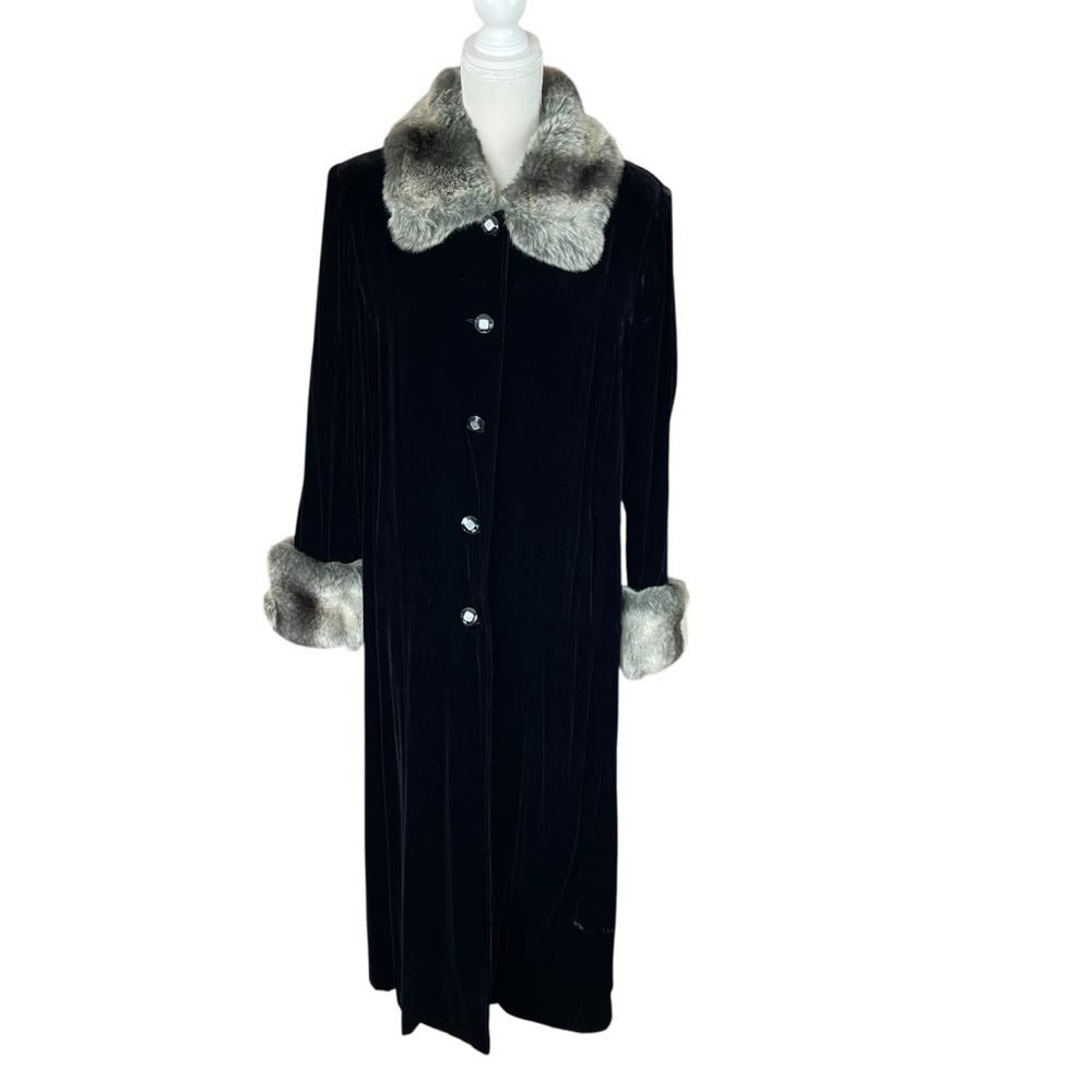 Pamela McCoy Black Velvet Faux Fur Long Coat